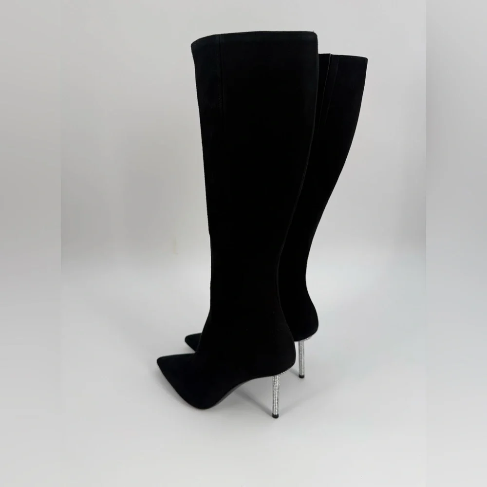 Diane B. Sophisticated Black Suede Knee-High Stiletto Boots with Rhinestone Heel - Picture 12 of 16